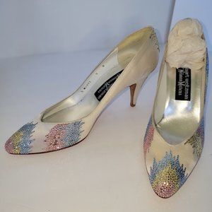 Stuart Weitzman Sz9 Creme satin multi-color rhinestone pump